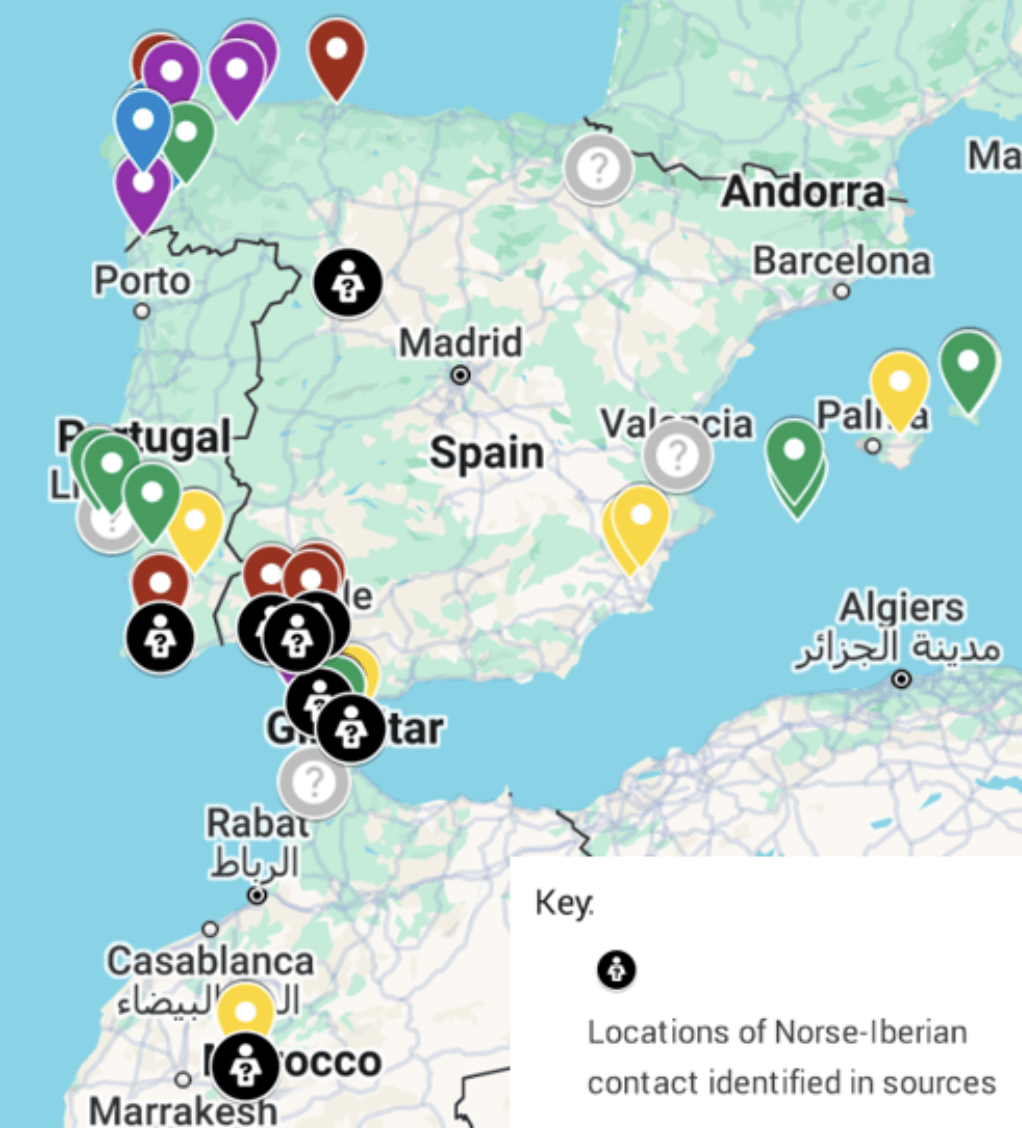 Map IV, created using Google MyMaps, identifies locations of Norse-Iberian contact as indicated in source material.