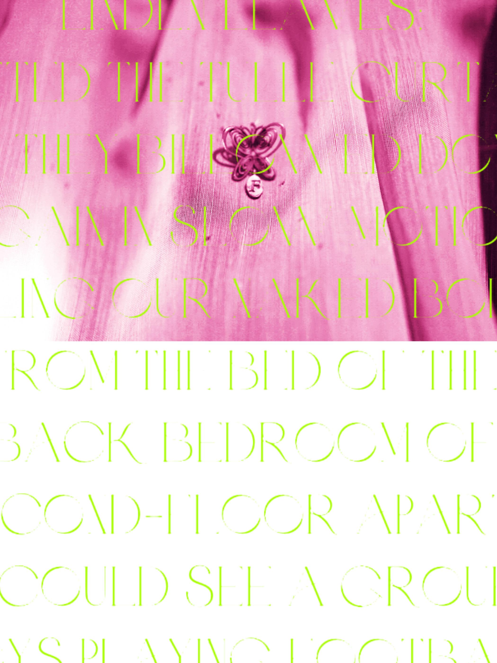 Pink and white artwork featuring flower with green text overlaying it by Keni Li